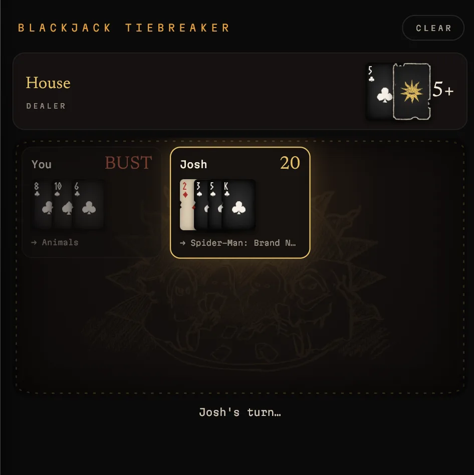 Blackjack tiebreaker deciding a tied Veto Sacrifice