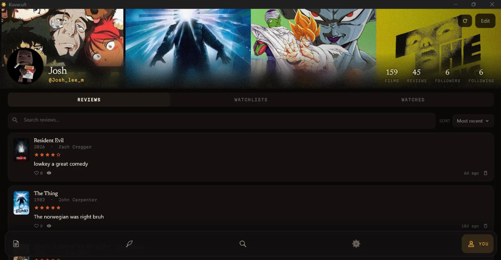 Kuvacult profile with banner posters, stats and reviews