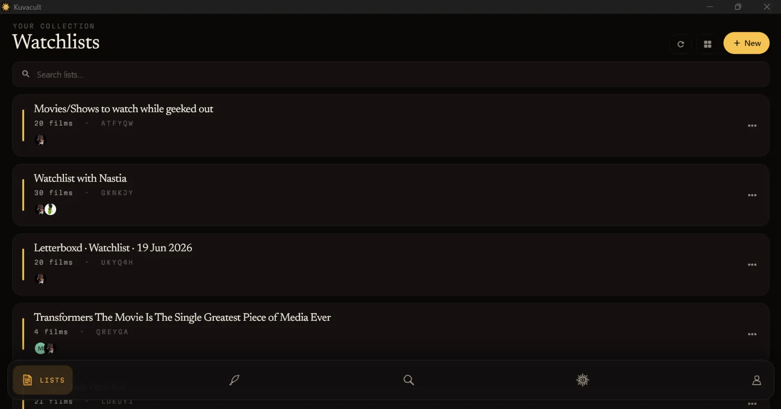Shared watchlists in Kuvacult with list codes and members